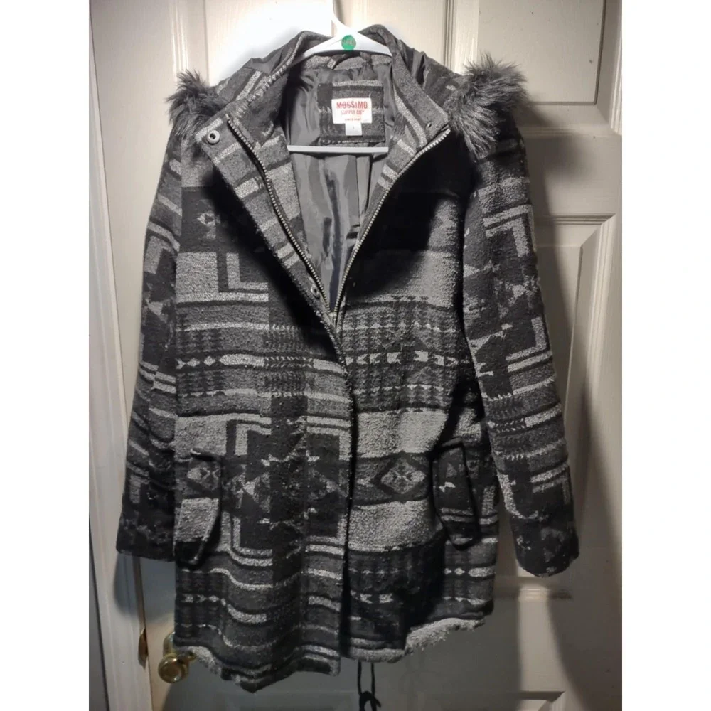 Mossimo Supply‎ Co Womens Grey Black Southwestern Geometric Hooded Parka Coat S